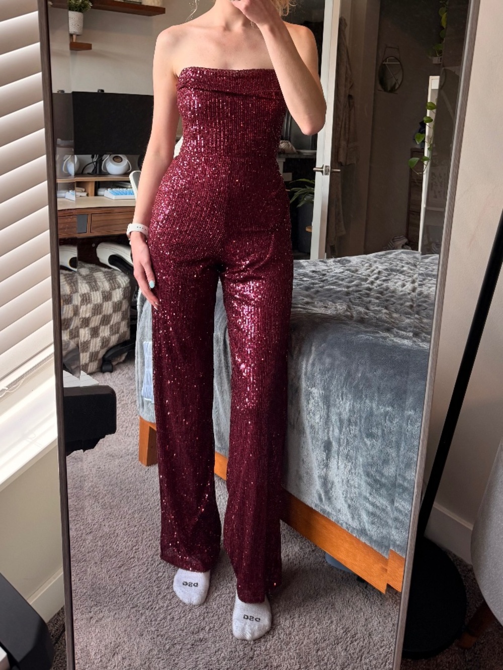 Lulu's Strapless Sequin Jumpsuit in Wine
